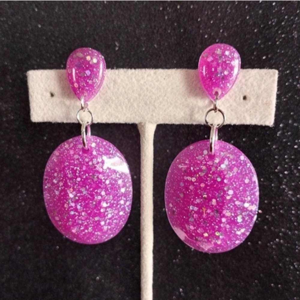 Purple holographic glitter glow in the dark dangle earrings new resin handmade